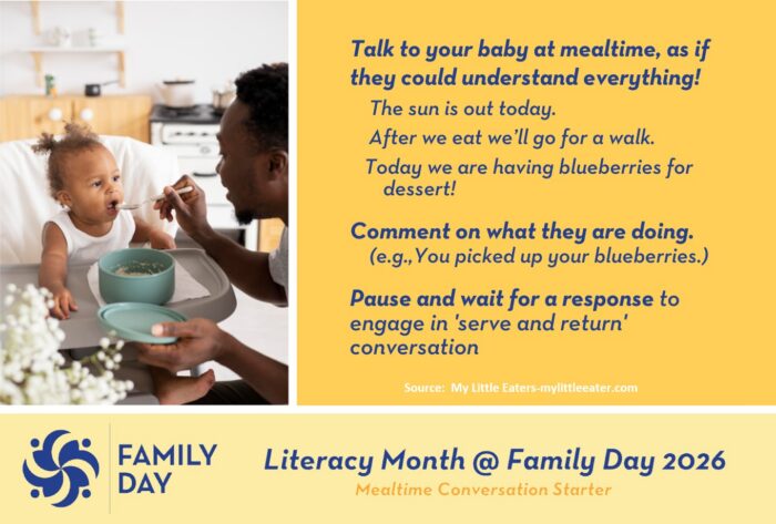 Click to download a printable copy of one of Family Day's 2026 Family Literacy Month Mealtime Conversation Cards.