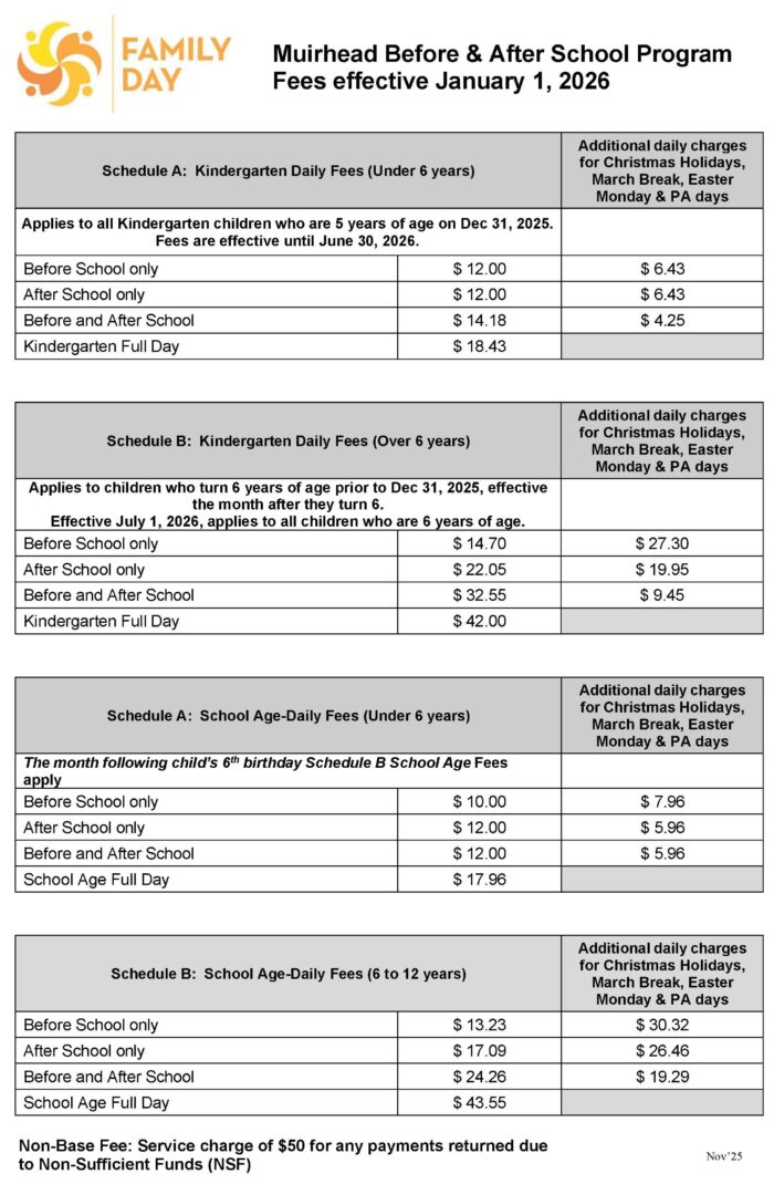 Click here to download a copy of Muirhead Before & After School Program Fees effective January 1, 2026