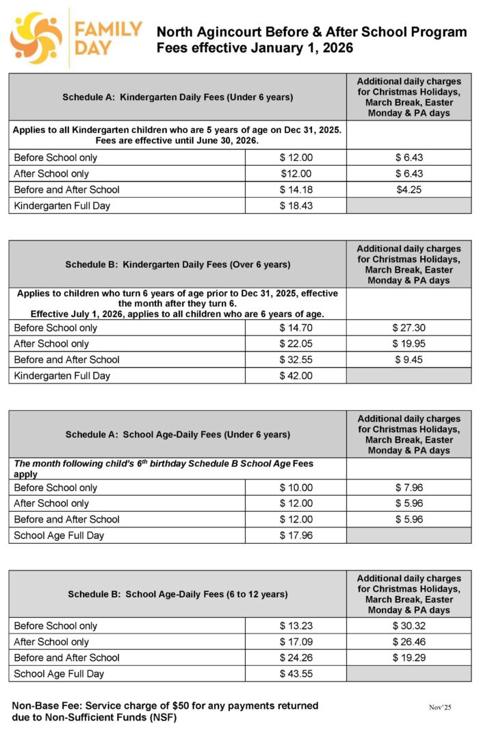 Click here to download a copy of North Agincourt Before & After School Program Fees effective January 1, 2026