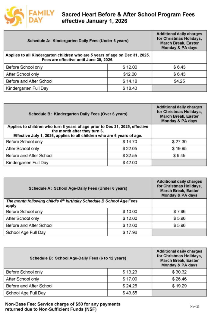 Click here to download a copy of Sacred Heart Before & After School Program Fees effective January 1, 2026