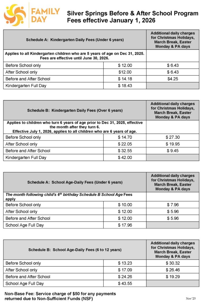 Click here to download Silver Springs Before & After School Program fees effective January 1, 2026